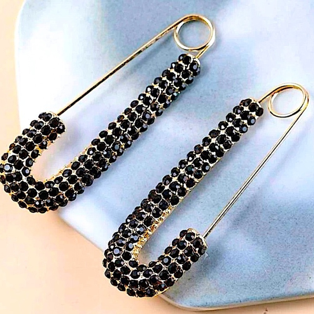 Safety Pin Oversized Rhinestone Earrings